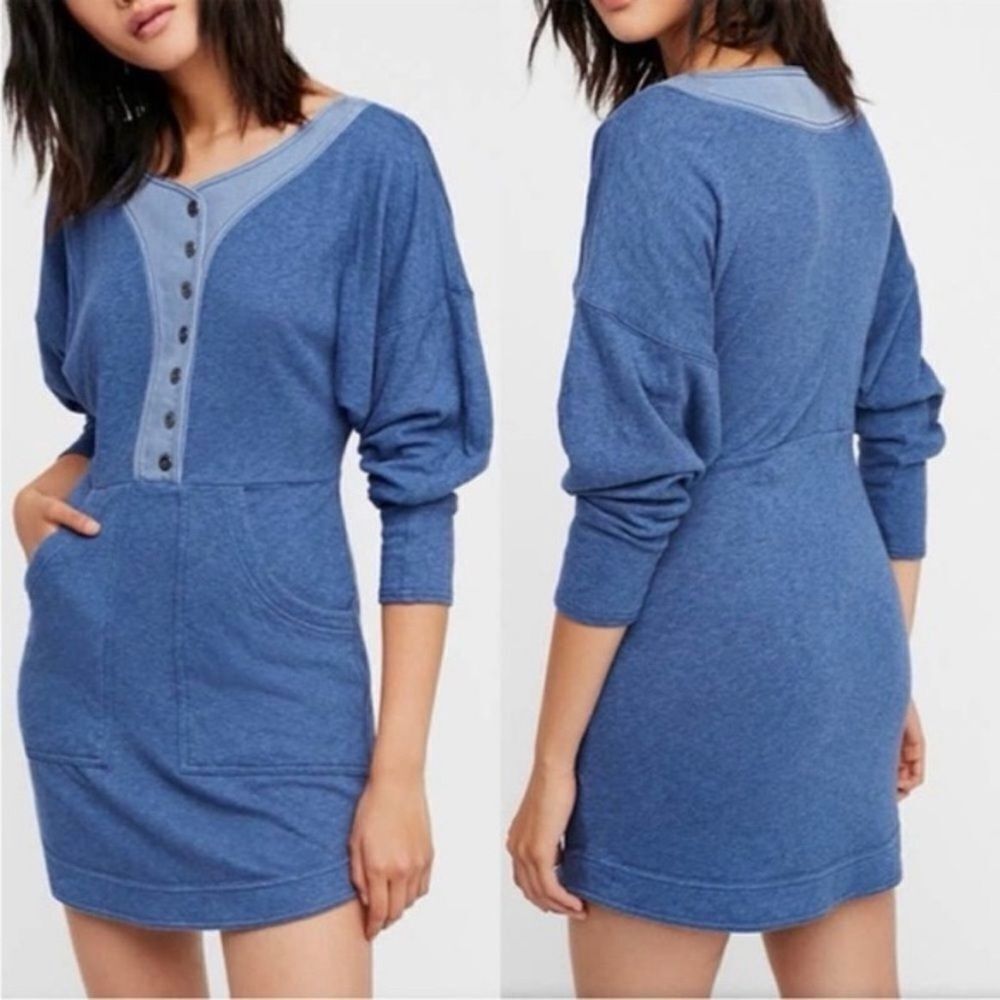 Free People Seeking Heart Mini Dress Soft Ocean Blue Button Up Dress Size Small
